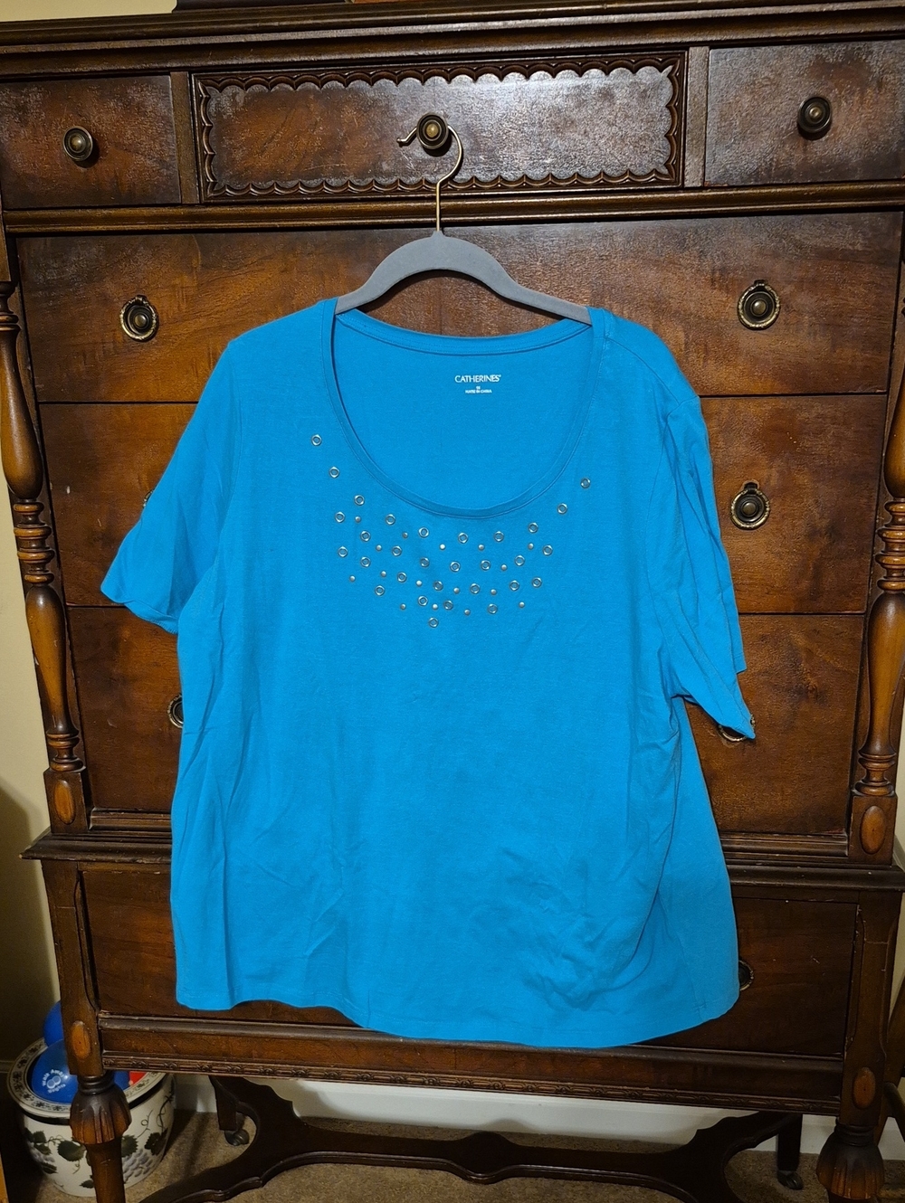 Catherines Turquoise Scoop Neck Tee with Decorative Studs